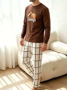 Men's 2 Pieces Pajama Set, Round Neck Long Sleeve Top With Bear & Letter Print, Plaid Long Pants, Fun Retro Casual Comfortable Loungewear - Multicolor - View 4