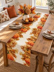 1PC Pumpkin Sunflower Fall Table Runner, Linen Autumn Harvest Tablecloth Runner With Pumpkin, Sunflower And Maple Leaf Border Print, Rustic Farmhouse Dining Table Decor For Thanksgiving Dinner, Kitchen, Dining Room, Fall Party Home Decoration - Multicolor - View 7