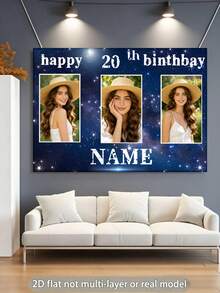 1pc Customizable Photo Name Age Blue Glitter Happy Birthday Backdrop, Blue Purple Glitter Starry Sky Personalized Birthday Background Decoration Design, Suitable For Cake Table Background Decoration Photography Banner Vinyl Material - Blue - View 4