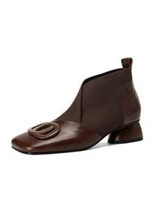 Sepatu Bot Pendek Elastis Wanita Kulit Imitasi Patchwork Ujung Persegi Hak Tebal Asimetris Gesper Dekoratif Geometris Model Slip-On Cokelat Sepatu Bot Komuter Modis - Coklat - View 2