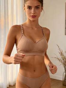 Lace Backless Camisole Bra, Striped Small Bust Push-Up Lift Anti-Sagging Comfortable Seamless Invisible 3D Shaped Back Bra - Mocha Brown - View 4