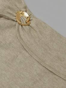 Nicenter Off-Shoulder Knit Top Light Khaki Vintage Women's Autumn Outfit Slim Fit Waist Metal Twist Button Decor Wool Blend Sweater Date Party Night Out - Khaki - View 5