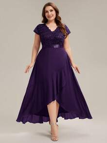 EVERPRETTY Plus Size Mother Of The Bride V-Neck Sequin Lace Chiffon Patchwork Slit High-Low Hem Wedding Guest Evening Gown Suitable For Wedding Semi-Formal Dinner Graduation Ceremony Party Homecoming Dance - Purple - View 6
