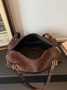 1pc Faux Suede Handbag With Gold-Tone Hardware, Convertible Tote And Shoulder Bag, Zipper Closure, Vintage Casual Style, Suitable For Autumn/Winter Commuting, Dating, Shopping - Coffee - View 7