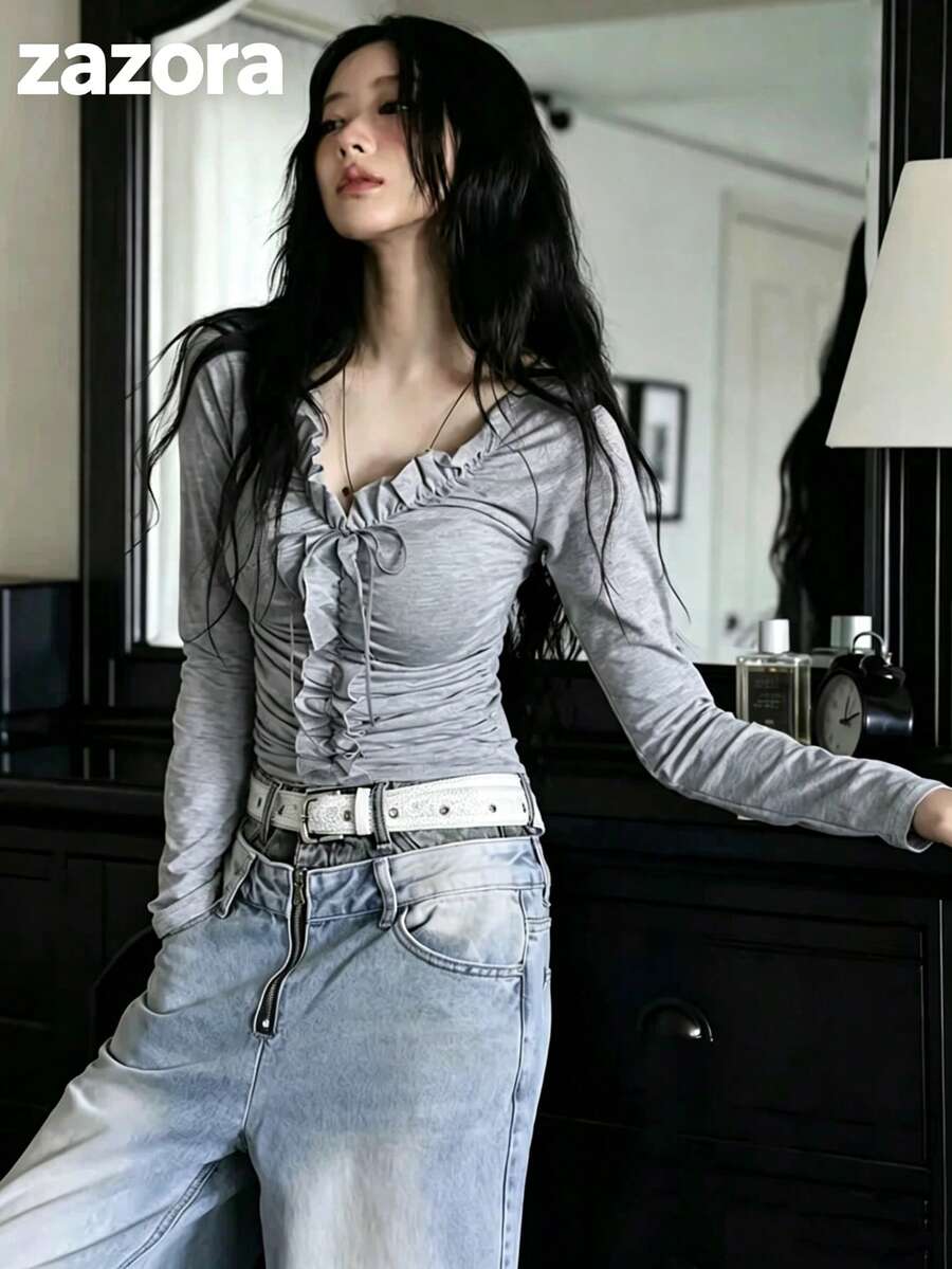 Korean Style Niche Exquisite 3D Ruffle Trim Long Sleeve T-Shirt Women's Inner Layer Top - Grey - View 1