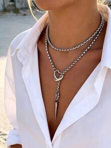 Layered Chunky Cuban Chain Double Layer Necklace, Heart Lock & Cone Pendant Design, Street Style Punk Music Festival Women's Necklace Accessory - Silver - View 2