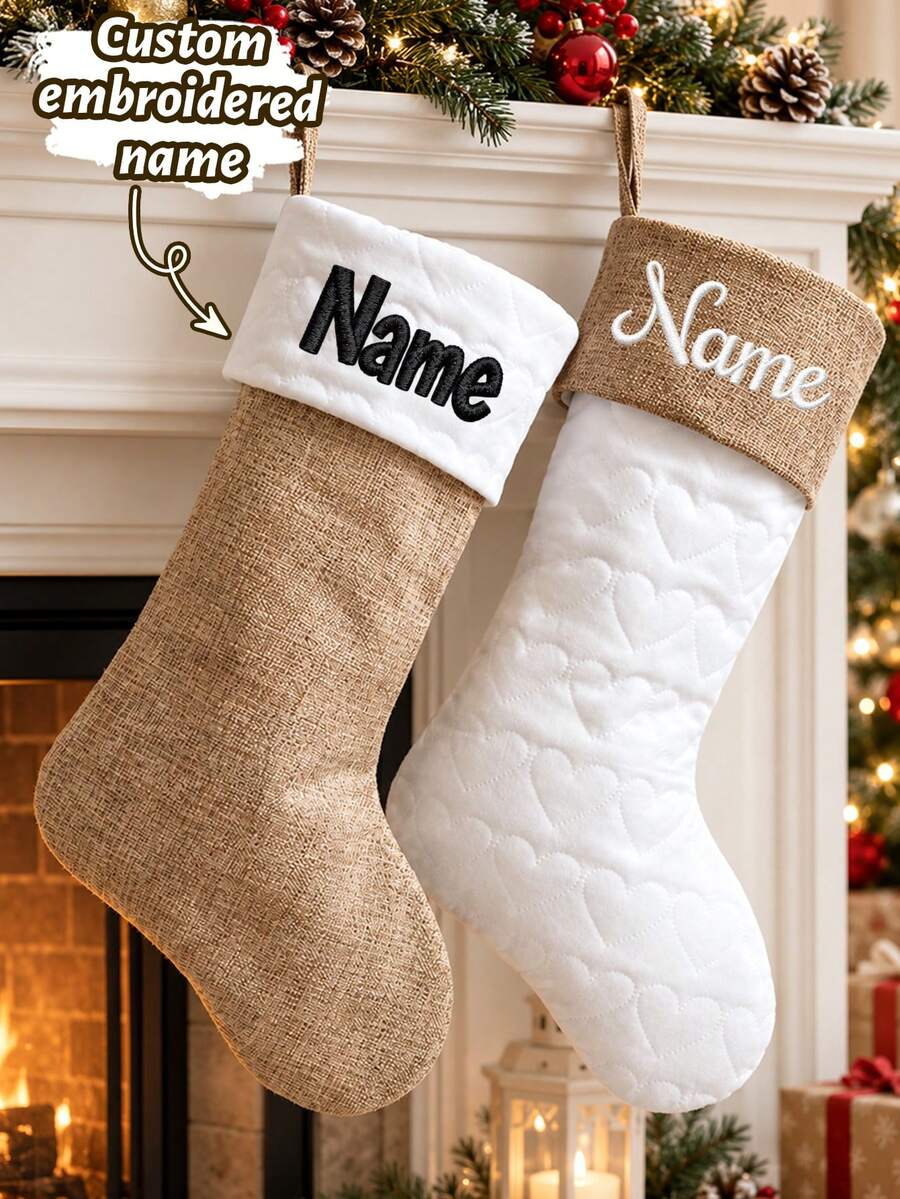 Custom Embroidered Name Christmas Stocking, Personalized Name Holiday Hanging Decor, Farmhouse Mantel Fireplace Tree Accent, Customized Festive Party Decoration, Customizable Xmas Gift Bag, Family, Friends, Home Celebration And Seasonal Gift Giving - Style F - View 1