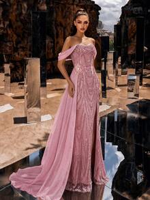 Elegant Women's Pink Mermaid Formal Dress, Made Of Beaded Mesh Fabric, Off-Shoulder Short Sleeve, Deep V-Neck, Perfect For Prom And Evening Party. - Pink - View 1