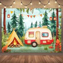 Large-Scale Camping Theme Background Cloth, Tent, Bus, Camping Design, Suitable For Indoor And Outdoor Parties, No Electricity, Suitable For Room Decoration Banner Background. - 1 - View 1