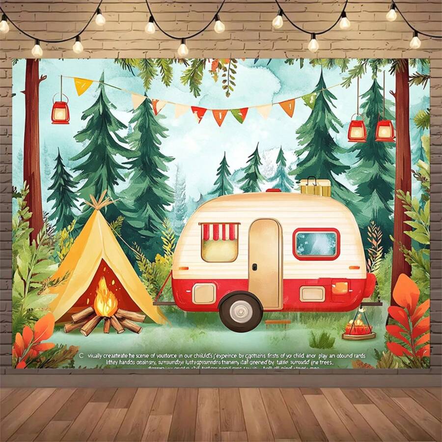 Large-Scale Camping Theme Background Cloth, Tent, Bus, Camping Design, Suitable For Indoor And Outdoor Parties, No Electricity, Suitable For Room Decoration Banner Background. - 1 - View 1