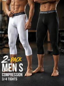 KOVSEE 2pcs Compression Tight Shorts, Cycling Sports Training 3/4 Leggings, High Elasticity Workout Pants For Running, Basketball, White & Black Summer - Multicolor - View 1