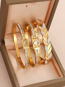 Stainless Steel Minimalist Waterproof Bracelet, Low-Allergy Heart Rhinestone Butterfly Enamel Black Zirconia Sky Blue Drip Oil Stackable Daily Wear Bracelet Jewelry - Gold - View 14