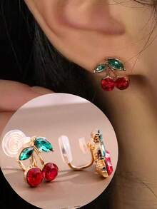 1 Pasang Anting Jepit Kristal Merah Berbentuk Ceri untuk Wanita, Elegan dan Serbaguna, Hadiah untuk Pemakaian Sehari-hari - Klip telinga tanpa tindik - View 8