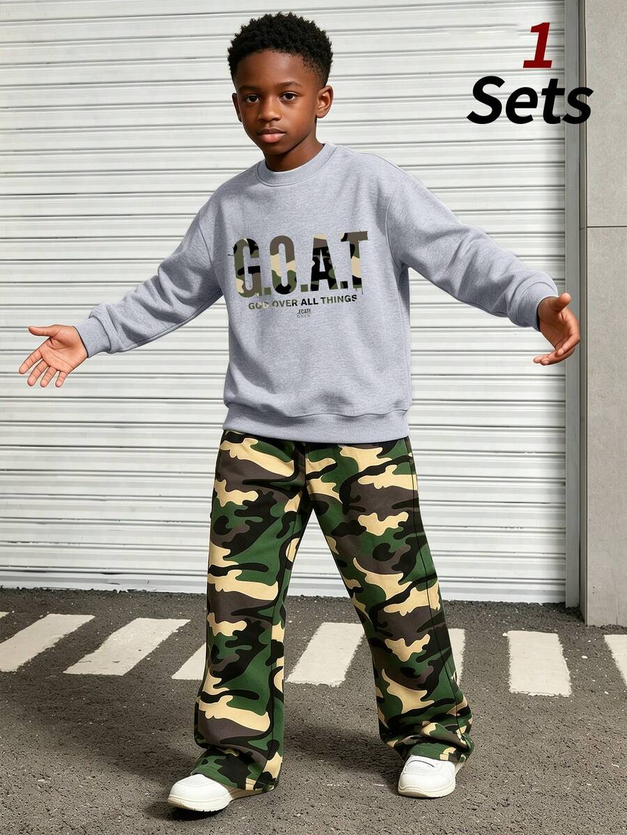 2pcs/Set Boys Street Style Casual Outfit, Camouflage Letter Crew Neck Long Sleeve Sweatshirt + Camouflage Wide Leg Pants, Autumn/Winter - Multicolor - View 1