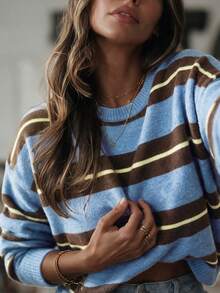 Plus Size Women's Striped Knit Pullover Sweater, Regular Fit Long Sleeve Round Neck Top For Autumn/Winter - Dusty Blue - View 7