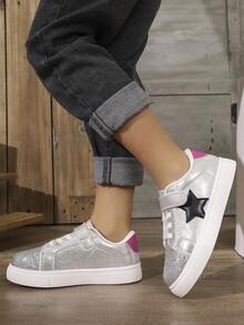 Children's Casual Colorblock Star Glitter Campus Versatile Fashion Hook-And-Loop Sneakers - Silver - View 2