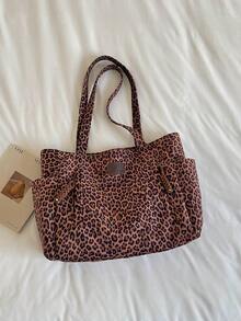 New Vintage Casual Leopard-Print Multi-Pocket Shoulder Tote Bag: Versatile, Large-Capacity Handbag For Fall/Winter-Perfect For Commuting And College - Brown - View 11