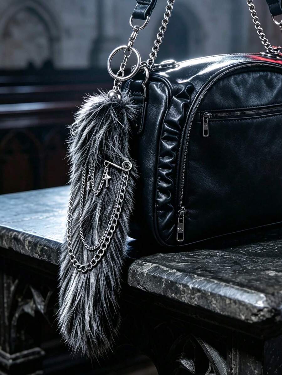 1pc Y2K Style Cross Star Chain Animal Tail Bag Charm, Gothic Animal Tail Pendant For Bag Decoration, Keychain Chain, Clothing Decoration - Dark Grey - View 1