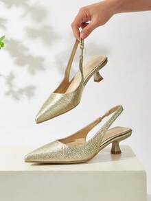 Women's Solid Color Ruched Kitten Heel Shoes, Elegant Pointed Toe High Heels, Fashion Ankle Strap Open Back High Heels (Random Cut) - Gold - View 2