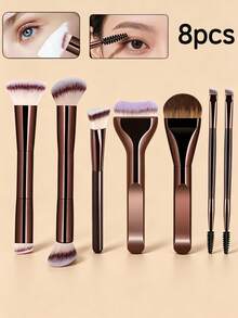 BAILIFOREVER Bộ 8 cọ trang điểm chuyên nghiệp hai đầu, lông sợi tổng hợp mềm, gồm cọ nền, cọ má hồng, cọ tạo khối, cọ mắt, cọ lông mày, phù hợp cho người mới bắt đầu, dụng cụ làm đẹp trang điểm mặt - màu nâu - Xem 1