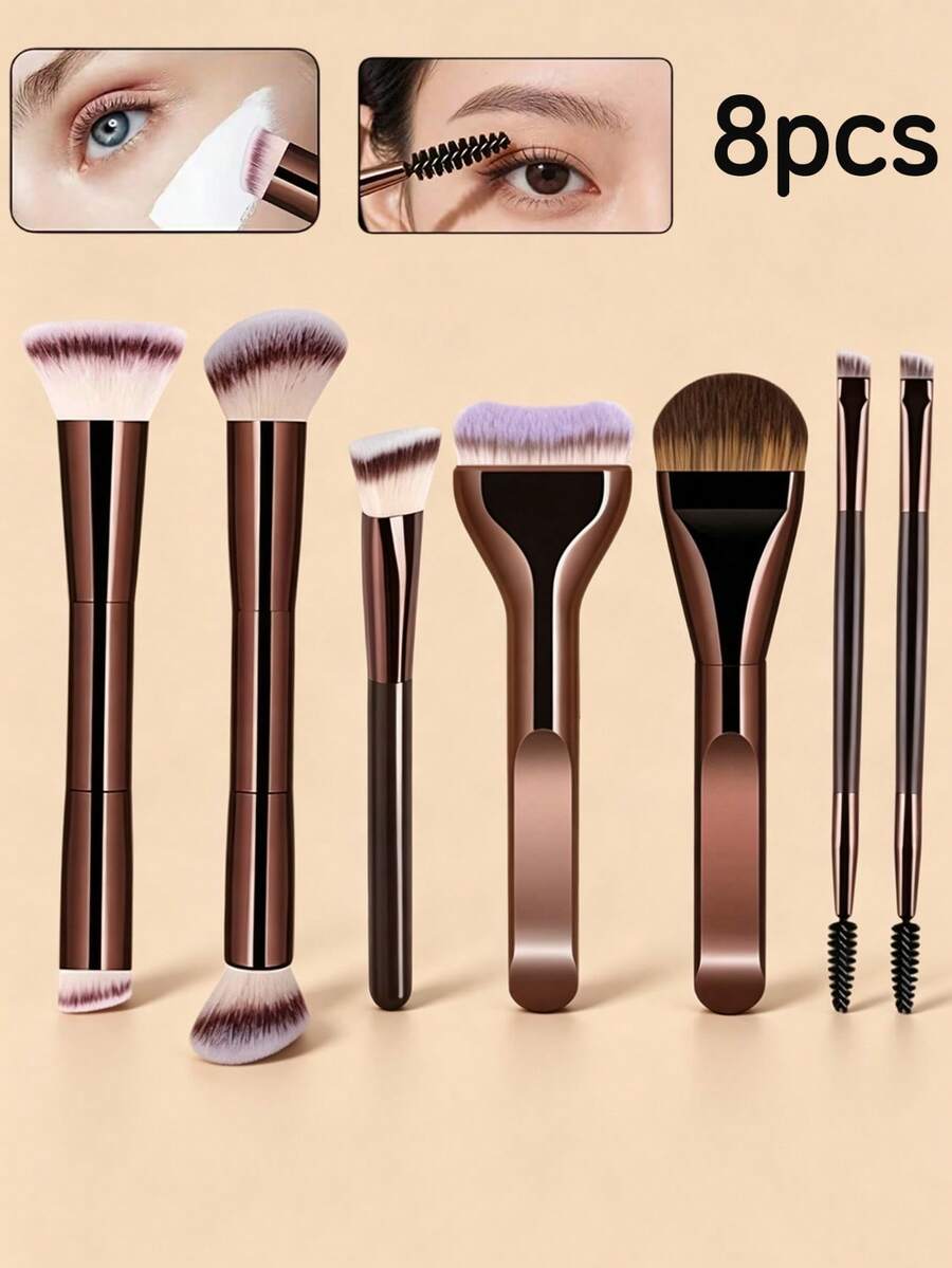 BAILIFOREVER Bộ 8 cọ trang điểm chuyên nghiệp hai đầu, lông sợi tổng hợp mềm, gồm cọ nền, cọ má hồng, cọ tạo khối, cọ mắt, cọ lông mày, phù hợp cho người mới bắt đầu, dụng cụ làm đẹp trang điểm mặt - màu nâu - Xem 1