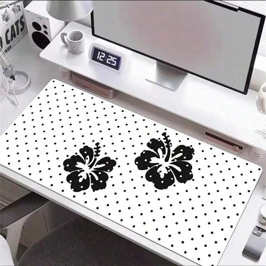 1pc White Black Polka Dots Hibiscus Flower PU Leather Desk Mat, Large Extended Waterproof Non-Slip Smooth Mouse Pad, Floral Desk Pad Protector Writing Mat Easy Clean Stain Resistant For Office Home School Computer Laptop Desktop - View 1