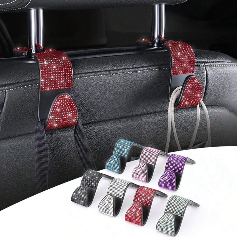 4/2/1pcs Car Seat Headrest Hooks Shiny Crystal Headrest Hook, Car Rear Seat Hook Back Row Hook For Wallet Handbag Clothing Grocery Bag Red
