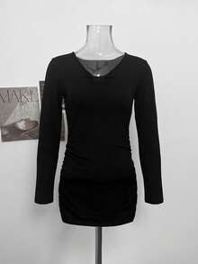 Minimalist Sexy Twisted V-Neck Long Sleeve Fitted Slimming Bodycon Mini Dress For Women, Autumn - Black - View 6