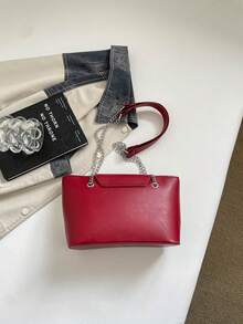 Women Color Block Chain Shoulder Bucket Bag, Letter Print Flap PU Handbag, Detachable Wide Strap, Elegant Daily Crossbody Tote Purse - Multicolor - View 9