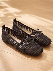 Women's Square Toe Hollow Mesh Mary Jane Flats, Bowknot Lace-Up Decor, Breathable Soft Sole Ballet Shoes - Black - View 1