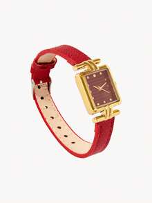 Opalesca 1pc Women's Quartz Watch, Fashionable Minimalist Classic Rectangular Small Dial, Vintage British Style, Niche Luxury Fashion Quartz Watch - Red - View 7