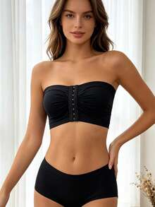 Sexy Front Closure Mesh Strapless Bandeau Bra, Multi-Row Hook-And-Eye Push-Up Wireless Bra, Strapless Bra - Black - View 2