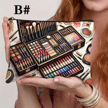 A Standalone Makeup Bag With Flat 2D Design, White Base And Exquisite Pattern Including Images Of Makeup Brushes, Lipstick And Eyeshadow Palette. Equipped With Zipper Closure, Ideal For Travel Cosmetic Storage, Excellent - Multicolor - View 8