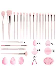 37pcs Multi-Function Makeup Tool Set, 20 Makeup Brushes & 15 Powder Puffs & Eyelash Curler & Brush Cleaner, Dense Soft Bristles With Even Powder Pickup And No Flying Powder, Suitable For Student Dorm Daily Makeup, Business Travel And Portable Makeup - Multicolor - View 12