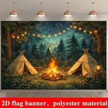 One 2D Banner Banner For Forest Camping Bonfire Theme, With String Lights, Tents And Mushrooms In Starry Night Design, Suitable For Indoor And Outdoor Scenes Without Power Supply, And Suitable For Room Decoration. - 1 - View 11