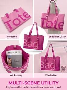 Large Capacity Tote Bag With Letter Design & Dual Handles, Woven Knit Shoulder Bag With Snap Closure, Fashionable Handbag & Crossbody Bag, Stylish & Practical - Multicolor - View 10