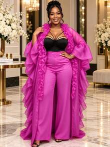 African Women Plus Size Fuchsia Sheer Organza Ruffle Long Kimono Robe Flare Sleeve Irregular Hem Mesh Cover Up Open Front Party Outfit - Hot Pink - View 6