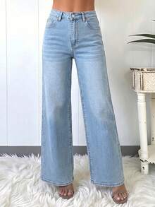 Women's Casual Light Blue Straight-Leg Jeans, Water-Washed Design With Versatile Tailoring, Comfortable And Stylish For Daily Wear - Light Wash - View 3