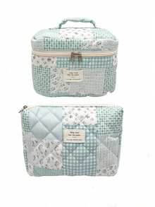 1pc/Set Blue Patchwork Pattern Makeup Bag, Fashionable Large Capacity Multi-Compartment Women's Handbag, Multi-Functional Travel Toiletry Bag, Storage Bag, Organizer Bag For Cosmetics, Makeup Tools And Other Items, Holiday Gift Souvenir - Blue - View 15