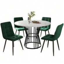 طقم طاولة طعام من 5 قطع، طقم طاولة طعام مع 4 كراسي، طقم طاولة مطبخ، طاولة طعام دائرية بقطر 100 سم وأرجل معدنية سوداء، سطح طاولة من MDF أبيض، كراسي طعام من المخمل الأخضر - متعدد الألوان - مشاهدة 1
