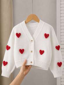 Girls' Knitted Cardigan, Casual Fashion Loose Fit, Dropped Shoulder Sleeves, Heart Decoration, Knitted Cardigan Jacket - White - View 1