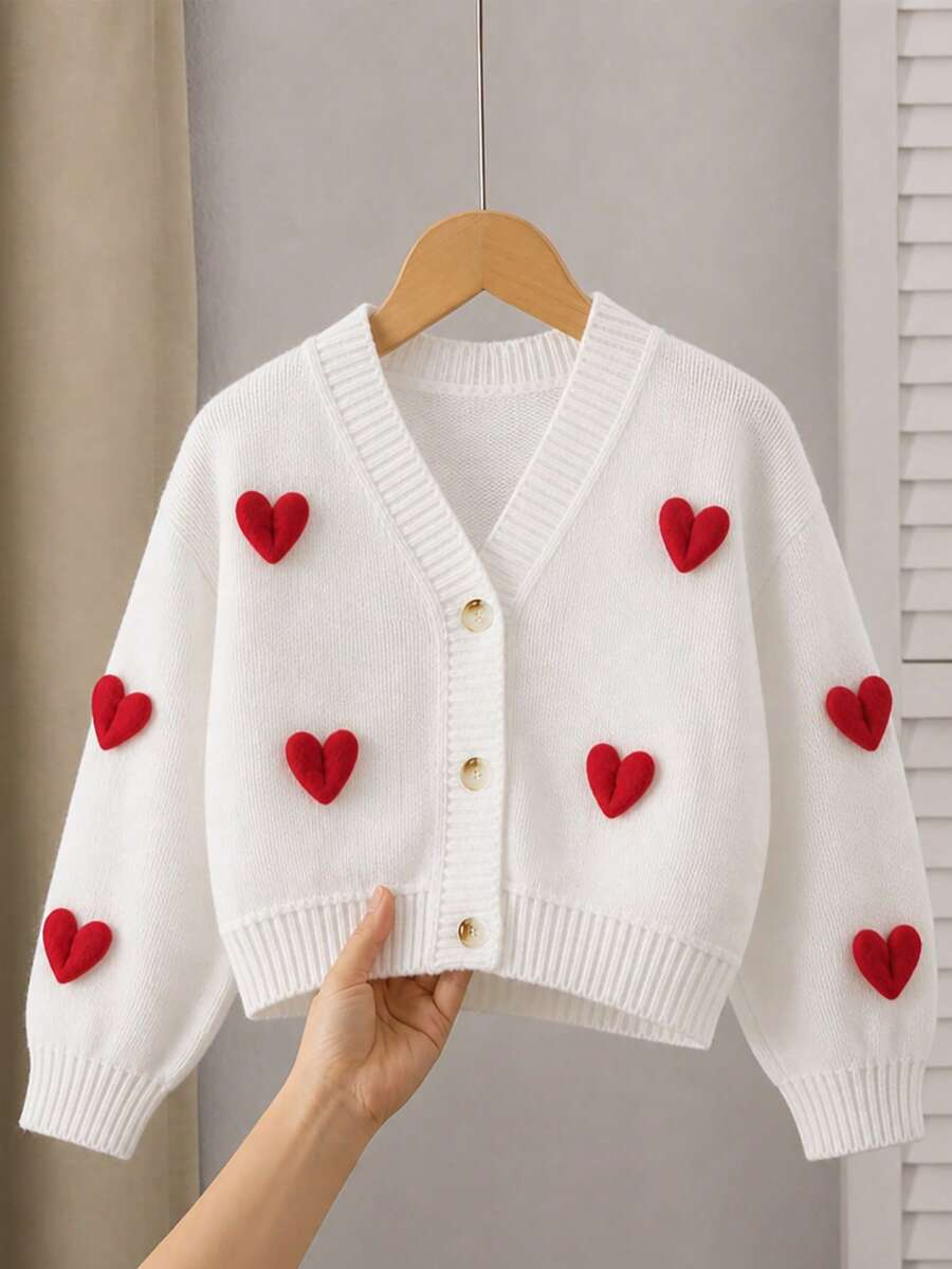 Girls' Knitted Cardigan, Casual Fashion Loose Fit, Dropped Shoulder Sleeves, Heart Decoration, Knitted Cardigan Jacket - White - View 1