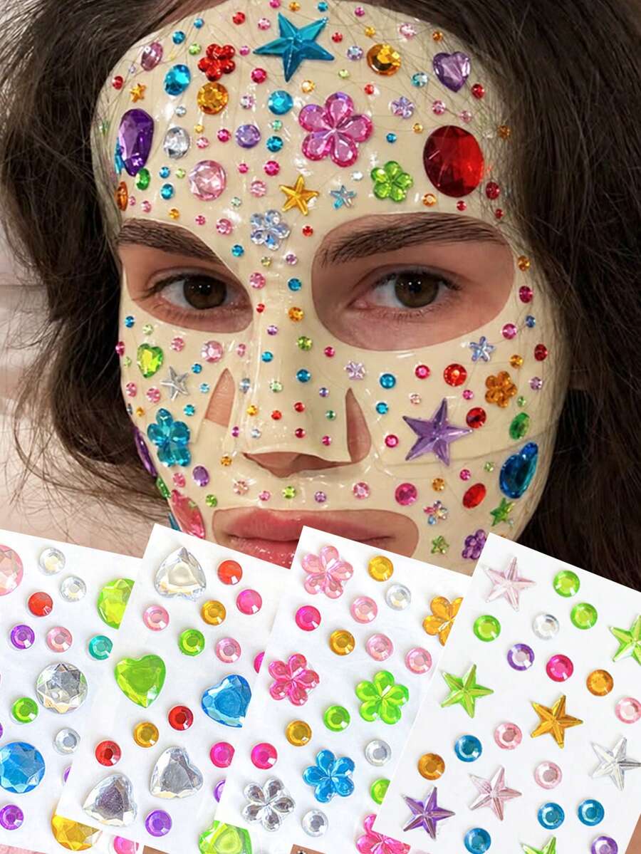 4Pcs/Set Extra Large Colorful Star Heart Flower Shape Rhinestone Jewel Stickers,Self‑Adhesive Eye Face Body Gem Decals For Rave Festival, Carnival, Cosplay And Party Makeup Decorations - Multicolor - View 1