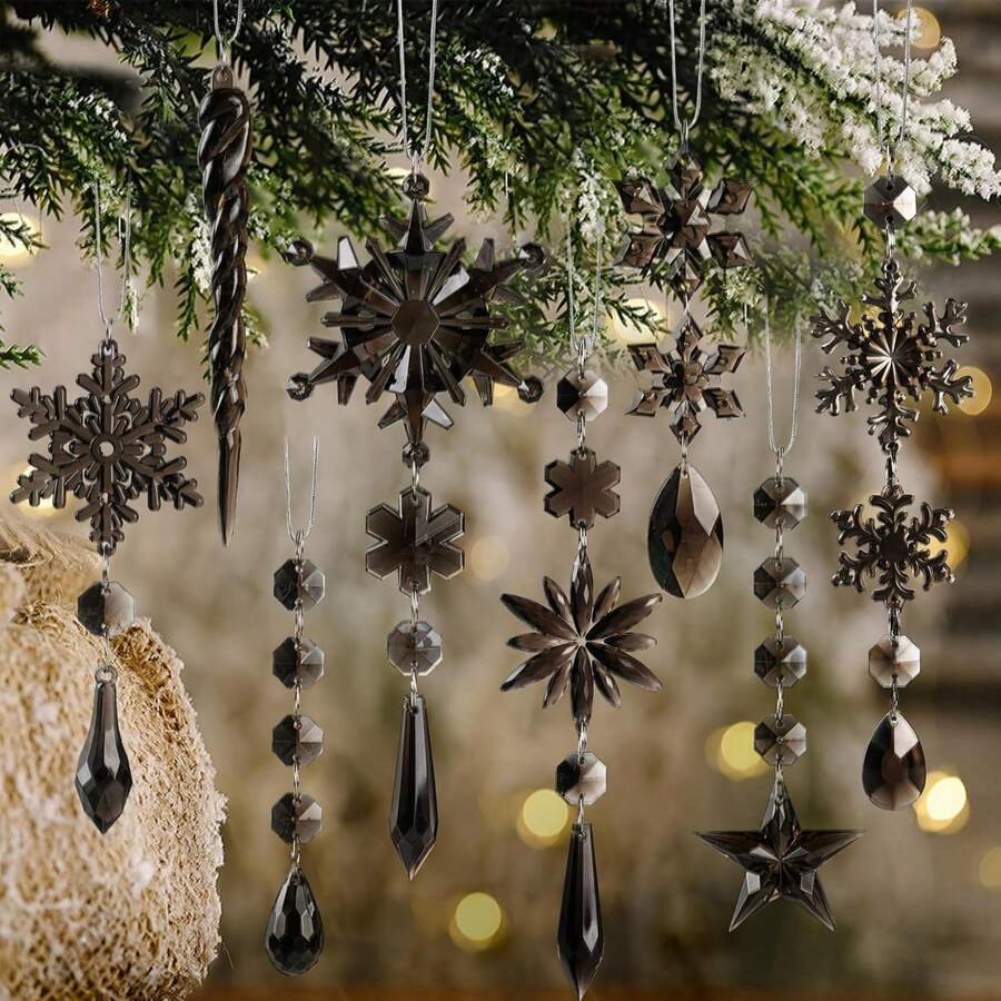 10pcs Random Smoke Gray Christmas Hanging Ornaments, Snowflake Star Icicle Water Drop Pendants, Shatter-Resistant Christmas Tree Decorations With Rope, Winter Window Wreath Party Decor, Random Style Shipment - Multicolor - View 1