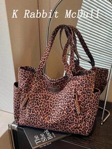 New Vintage Casual Leopard-Print Multi-Pocket Shoulder Tote Bag: Versatile, Large-Capacity Handbag For Fall/Winter-Perfect For Commuting And College - Brown - View 2