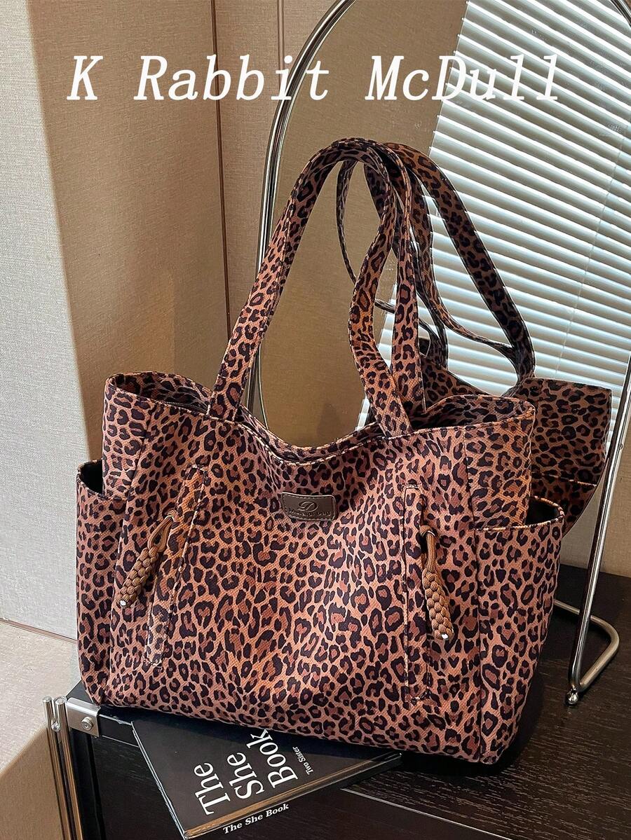 New Vintage Casual Leopard-Print Multi-Pocket Shoulder Tote Bag: Versatile, Large-Capacity Handbag For Fall/Winter-Perfect For Commuting And College
