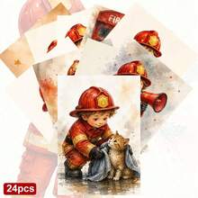 24pcs + 1 Red Envelope Cute Firefighter Theme Greeting Cards & Postcards, Featuring Brave Heroes And Rescue Dogs, Suitable For Thanksgiving, Classic Watercolor Style Art Stationery Set - Sets - View 8