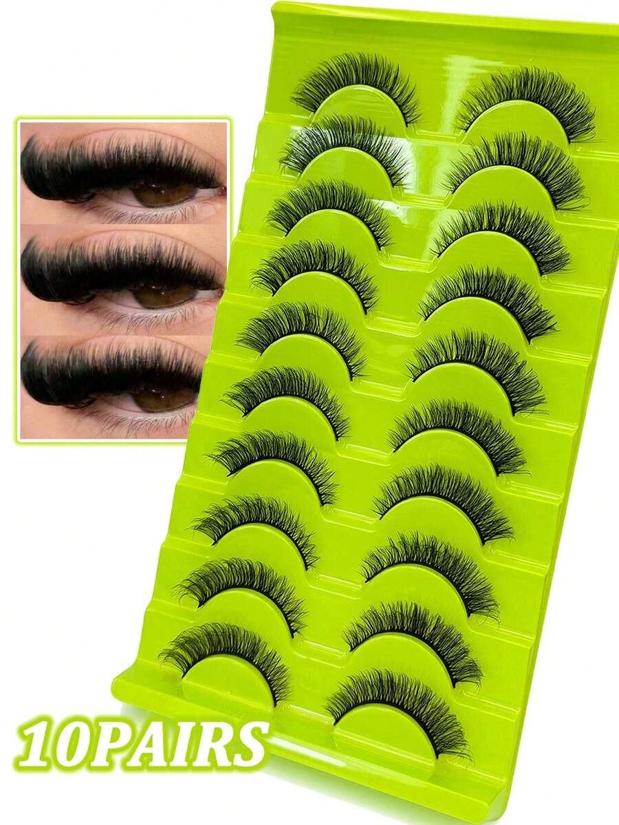 10 Pairs Fluffy Cat Eye False Eyelashes D Curl Thin Black Band Soft Synthetic Lightweight Reusable Volume Look For Daily Party, Strip Lashes Eyelash Extensions For Women - Black - View 1