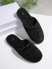 女款黑色拖鞋，秋季鞋款，半包後跟穆勒鞋，刺繡裝飾，圓頭，露後跟，單帶設計，優雅居家拖鞋，適合秋季穿搭與通勤 - 黑色 - 查看 6