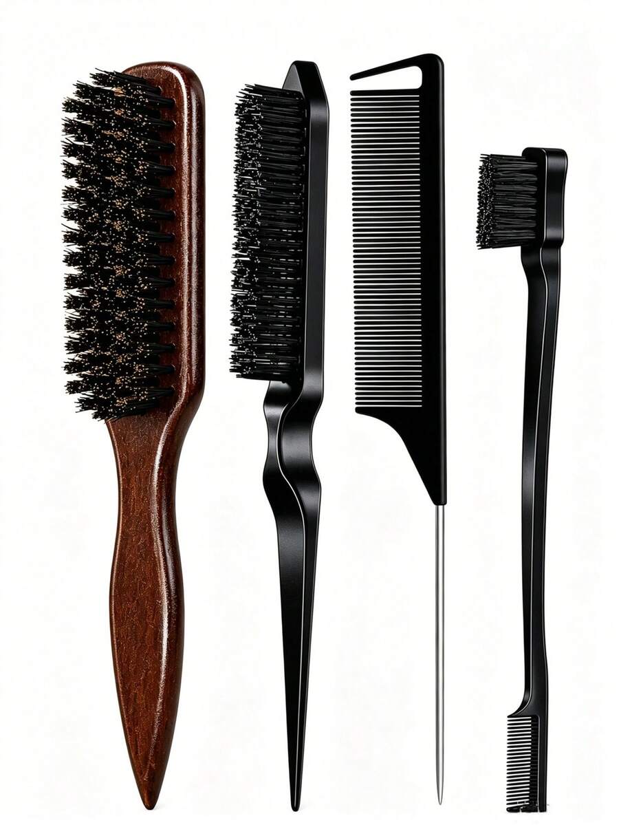 4/1 Hair Comb Set/Beard Brush Plastic Hair Brush Styling Comb Unscented Cleaning Brush Smooth Back Comb With Wide Pointed Tail Back Comb And Detangling Comb Smooth Frizz And Flyaways Create Voluminous Style Ponytail Easy Parting Suitable For Men And Women Recommended As Christmas Gift Halloween Gift